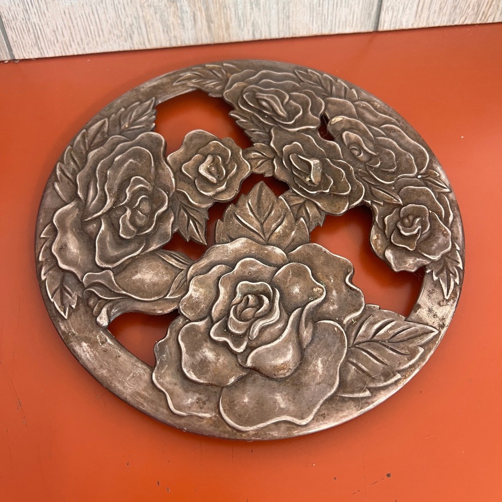 Vintage Silver Tone Metal Rose Floral Trivet Round Hot Plate 8 Inch Cottagecore